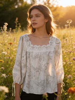 NWT Zac & Rachel Square Neck Lace Trim Cotton Peasant Blouse With Tie Sleeves Si